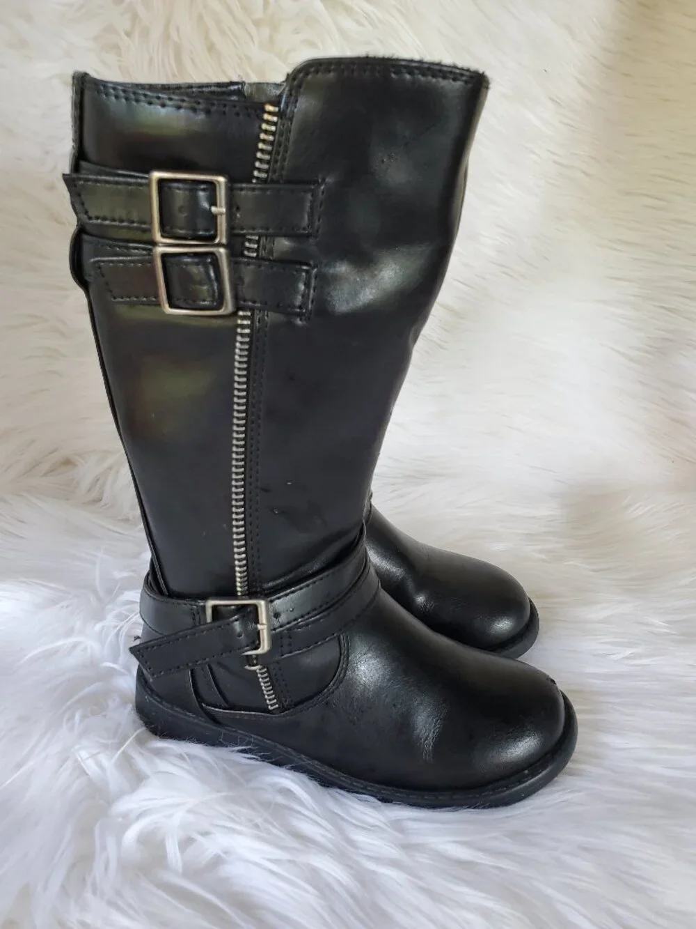 Dream Paris Black Girl's Mid Calf Moto Decorative Buckle Straps Boots SZ 10